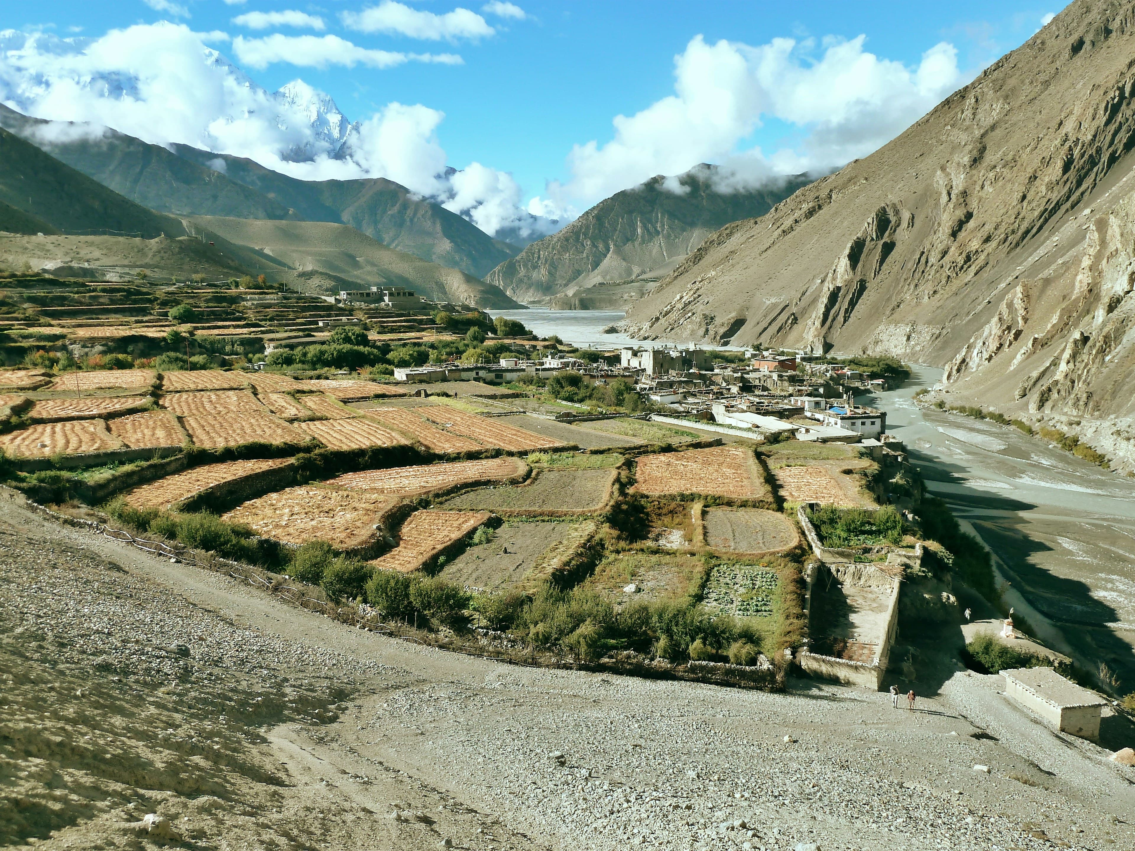 The Kinnaur valley from the air, orchards terraced below Himalayan peaks